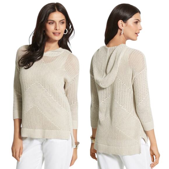 Zenergy by Chico's Rosie Pointelle Hooded Sweater MetallicTan Size 2/ L - Picture 1 of 9